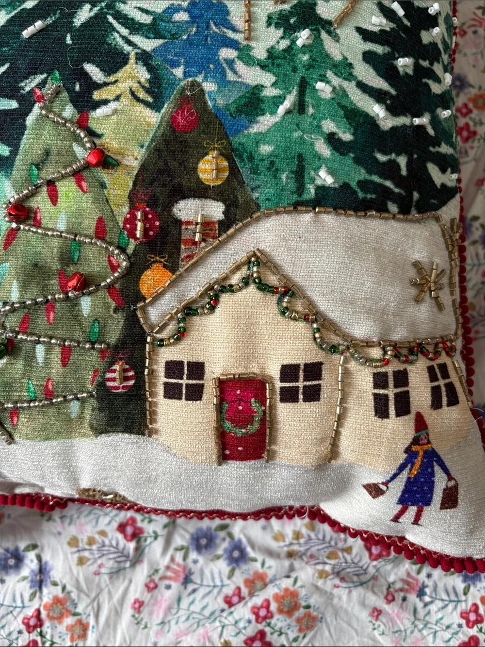 St. Nicholas Square Green and Blue Winter Forest Holiday Pillow